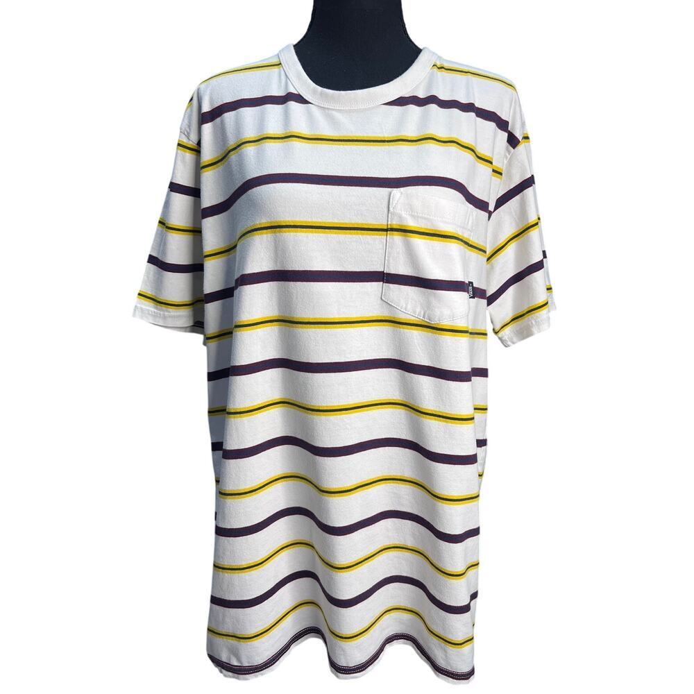 Vans Striped T Shirt Mens XL White Yellow Burgundy Pocket Crew Neck Skate Casual